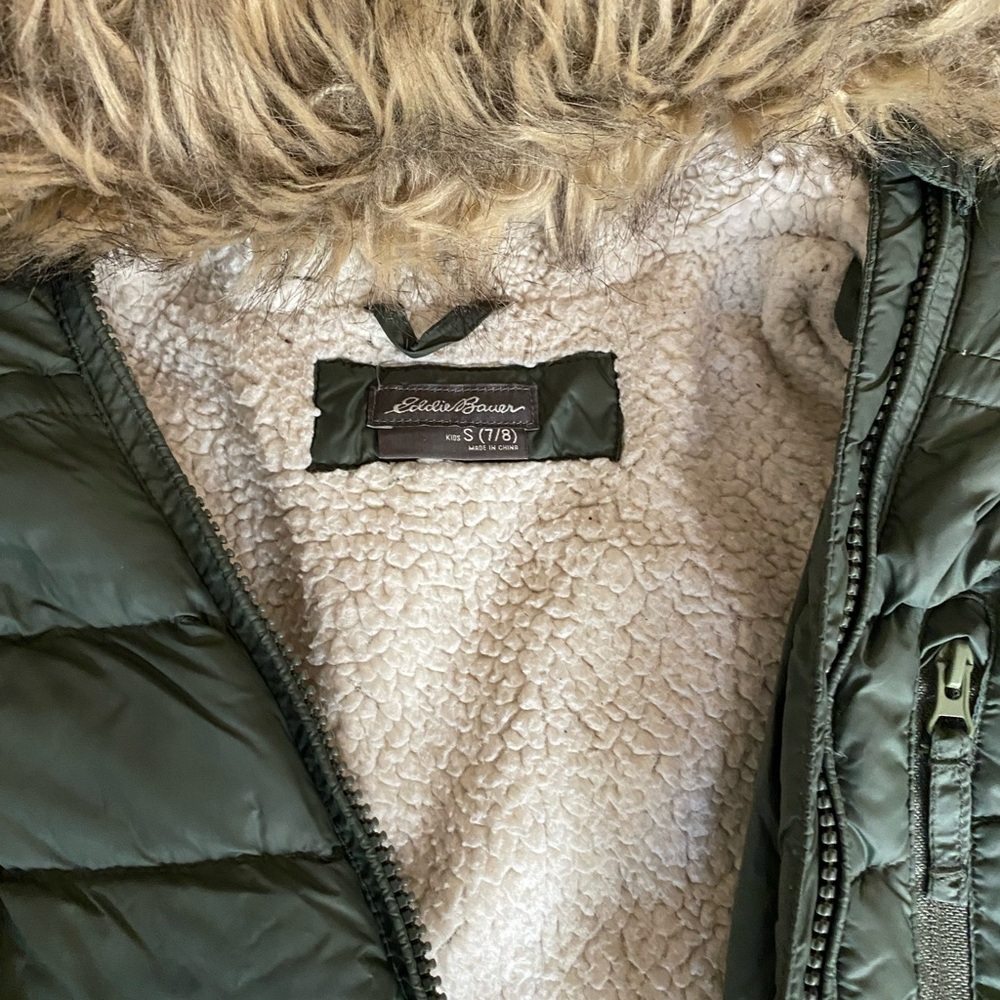 Eddie Bauer Green Puffer Jacket with Faux Fur Lining- Girls S 7/8